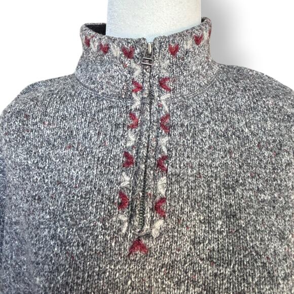 Vintage Woolrich Gray Red Half Zip Nordic Heart Trim Wool Sweater Warm Cozy - Picture 1 of 11